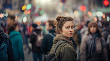 A woman boldly looks at the camera, standing out amidst the bustling street crowd.