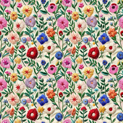 Floral embroidery from knitting wool, yarn, seamless pattern.