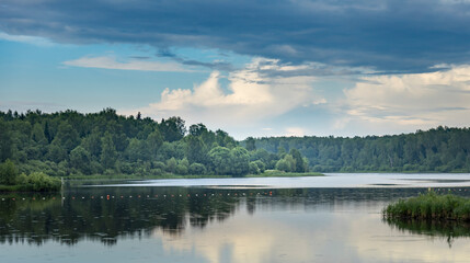 A tranquil forest lake reflects the soft hues of the sky, as fluffy clouds drift overhead. A lush green forest surrounds the lake, creating a picturesque scene of peace and serenity..