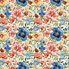 Floral embroidery from knitting wool, yarn, seamless pattern.