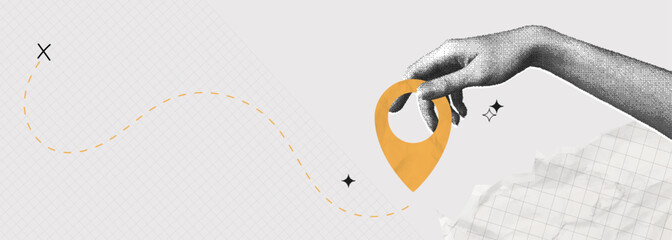 Trendy Halftone Collage Hand holding location pin. Contemporary art with position element. Delivery route. Travel way and find trip. GPS point navigation. Transport logistic. Vector illustration © accogliente
