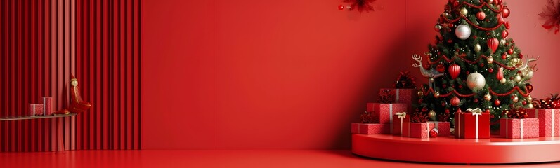 Empty Red background and stand display or shelf with studio for showing or design christmas concept. Blank backdrop made from cement material. Realistic 3D render.