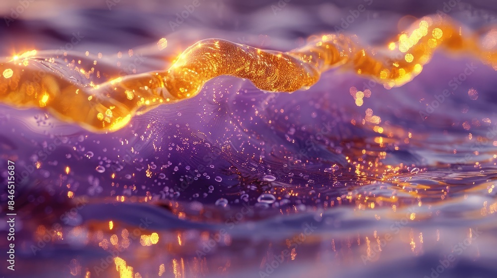 Poster the image is a close-up of a purple liquid with a golden glitter floating on the surface. the liquid