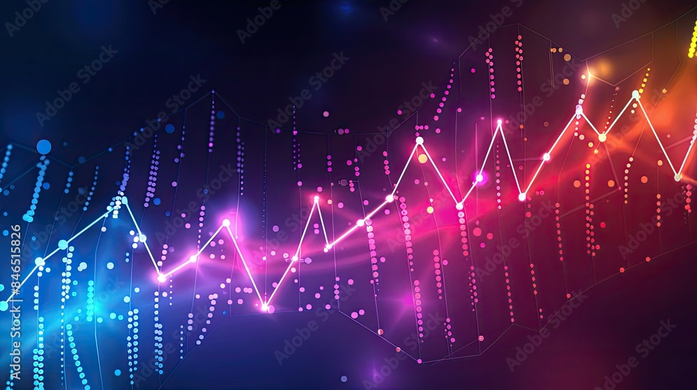 Poster trendy line graph with gradient colors and light effects on a dark background