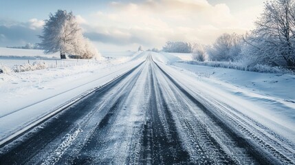 Fototapeta premium The frozen tracks on this deserted road are a testament to the resilient spirit of those who venture out into the unforgiving winter . AI generation.