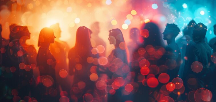 Social Gatherings and Parties close up, focus on, copy space Festive, vibrant visuals Double exposure silhouette with friends and party scenes