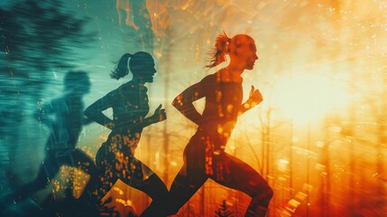 Obraz premium Running and Cardio close up, focus on, copy space Energetic, vibrant visuals Double exposure silhouette with runners and fitness paths