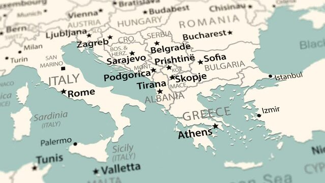 Albania on the world map. Smooth map rotation. 4K animation.