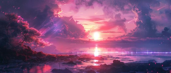 A serene evening scene with a stunning sunset over the city and river, featuring dramatic clouds and vibrant colors in the sky