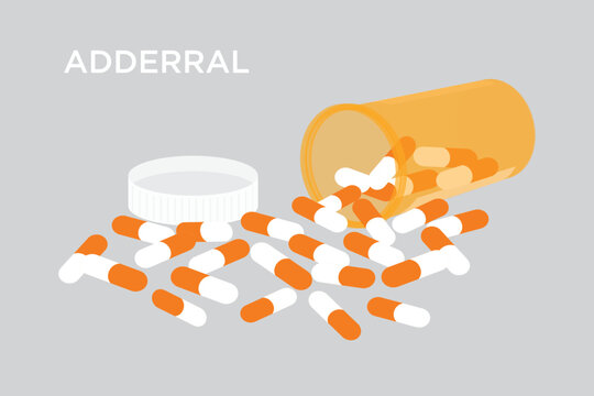 Vector of Adderral hyperactivity and impulse control medicine capsules falling out of a bottle