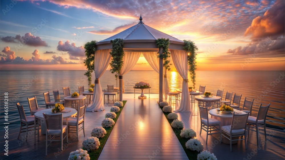 Wall mural 3d rendering wedding pavilion with sea sunset background