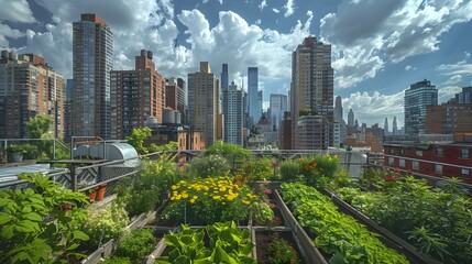 Obraz premium Vibrant Rooftop Garden Oasis Overlooking Stunning Cityscape with Lush Greenery and Sustainable Agriculture