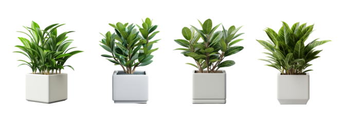 Set of Four Green Foliage Plants in White Square Pots, Isolate on Transparent Background