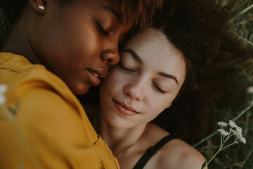 Fototapeta premium LGBTQ couple. Intimate moment of diverse young women