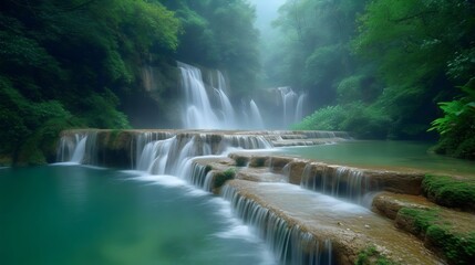 A beautiful waterfall is surrounded by lush green trees and a calm body of water