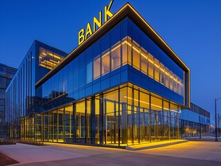 A sleek, modern bank building with glass walls and illuminated yellow lights, set against a twilight sky.