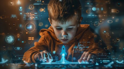 A young boy explores futuristic technology and space concepts with a digital rocket model in a sci-fi setting.