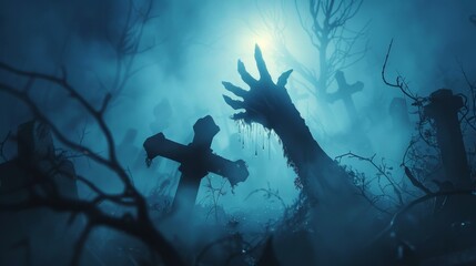 Obraz premium Zombie Hand Emerging from the Grave in a Spooky Cemetery, Generative AI