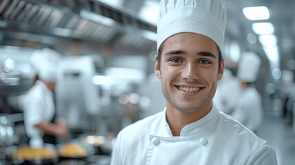 A young chef in white uniform smiles warmly, showcasing passion for culinary arts