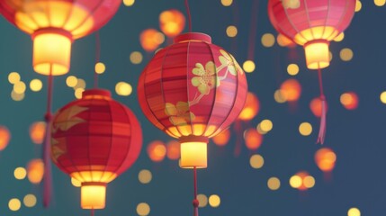 A festive scene featuring red lanterns illuminated against a backdrop of blurred lights, capturing the ambiance of a traditional lantern festival.