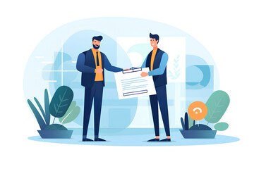 Two entrepreneurs successfully signed a project co-operation agreement contract, illustration of business concept