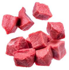 Different diced beef cuts levitating in air on white background. File contains clipping paths.