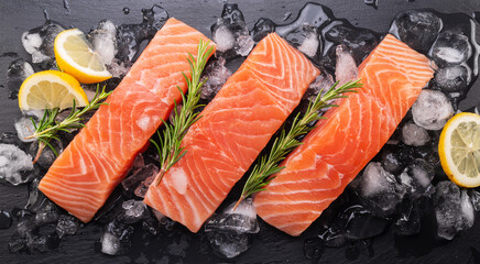 Salmon, chilled fresh salmon fillet slices in ice cubes on graphite slate cutting board.