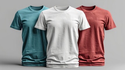Three plain t-shirts in blue, white, and red colors on a gray background