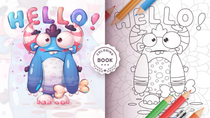 Coloring page cartoon character adorable halloween monster, pretty animal idea for print t-shirt, poster and kids envelope, postcard. Cute hand drawn style monster