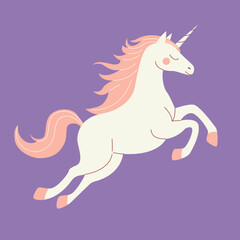 Fantasy animal character. White unicorn with pink hair in jumping. 