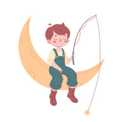 Boy in overalls with fishing rod sits on crescent. Kid character on moon