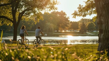 Young couple biking by a lake or waterfront area