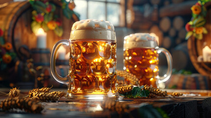 Cozy Tavern Scene with Two Frosty Beer Mugs, Fresh Barley, and Hops on a Rustic Wooden Table