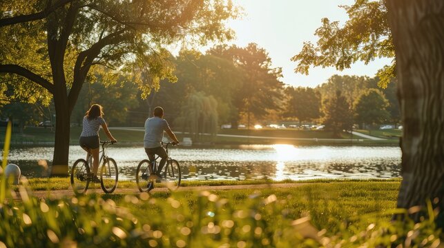 Young couple biking by a lake or waterfront area