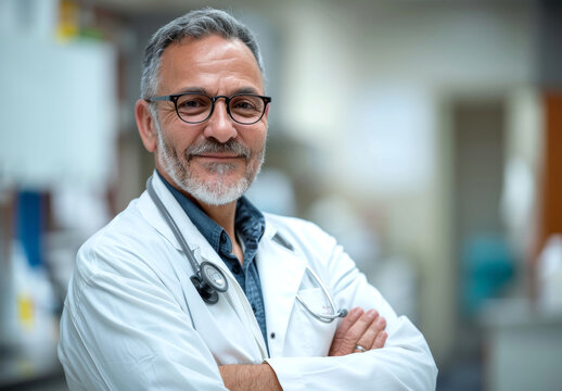 Confident middle-aged doctor with stethoscope and glasses in white coat, standing in a hospital