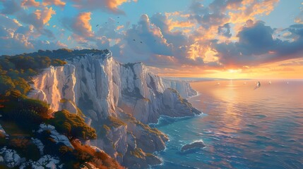 Majestic Seaside Cliffs at Sunset in Vibrant Oil Painting Style