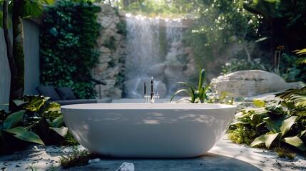 Photography of a white bathtub, Earth Day inspired outdoor design