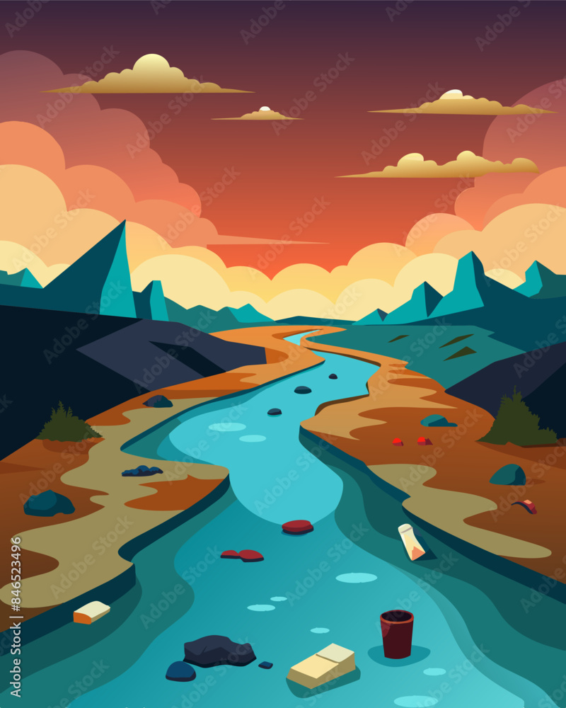 Poster the oncepristine river now resembles a toxic wasteland with trash as far as the eye can see.. vector