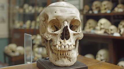 A human skull is on display in a laboratory, surrounded by other skulls