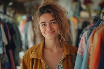 Woman in mustard jacket with curly hair smiles while browsing at a thrift shop