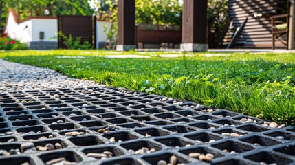 Environmentally friendly eco-paving - Concrete lawn grid with gravel filling for surface unsealing at residential house parking lot