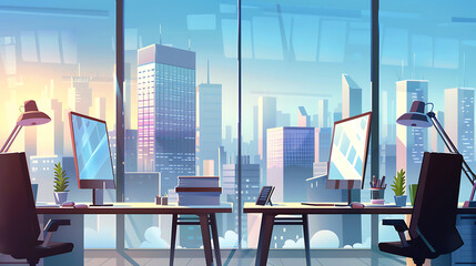 Cartoon illustration of office work desk near wide glass window. Workplace with computer monitor inside company.