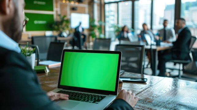Businessperson presenting using a laptop with a green screen during a meeting