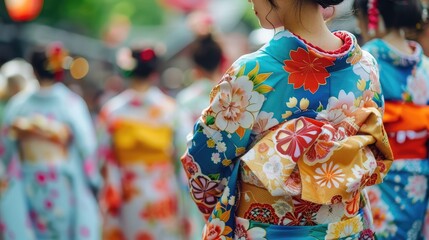 Close-up of a woman in a yukata participating in a Bon Odori dance