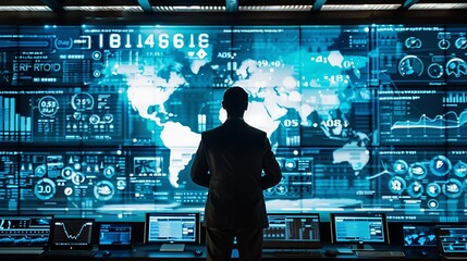 Senior business financial manager reviewing data graph on big digital screen.