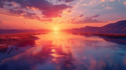 Fototapeta premium Breathtaking Sunset Reflection on Serene Lake with Vibrant Colors
