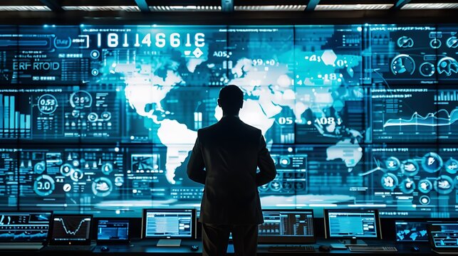 Senior business financial manager reviewing data graph on big digital screen.