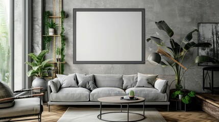 Large blank photo frame above a stylish sofa in a contemporary apartment