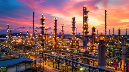 Fototapeta premium Oil refinery with extensive piping and towers at dusk