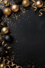 Gold and Black Christmas Ornaments on Dark Background